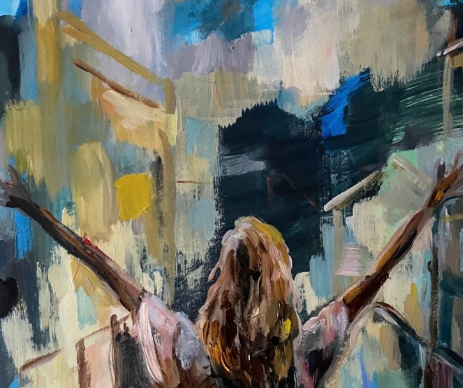 Close-up on the painting "I am" by artist Ingela Johansson