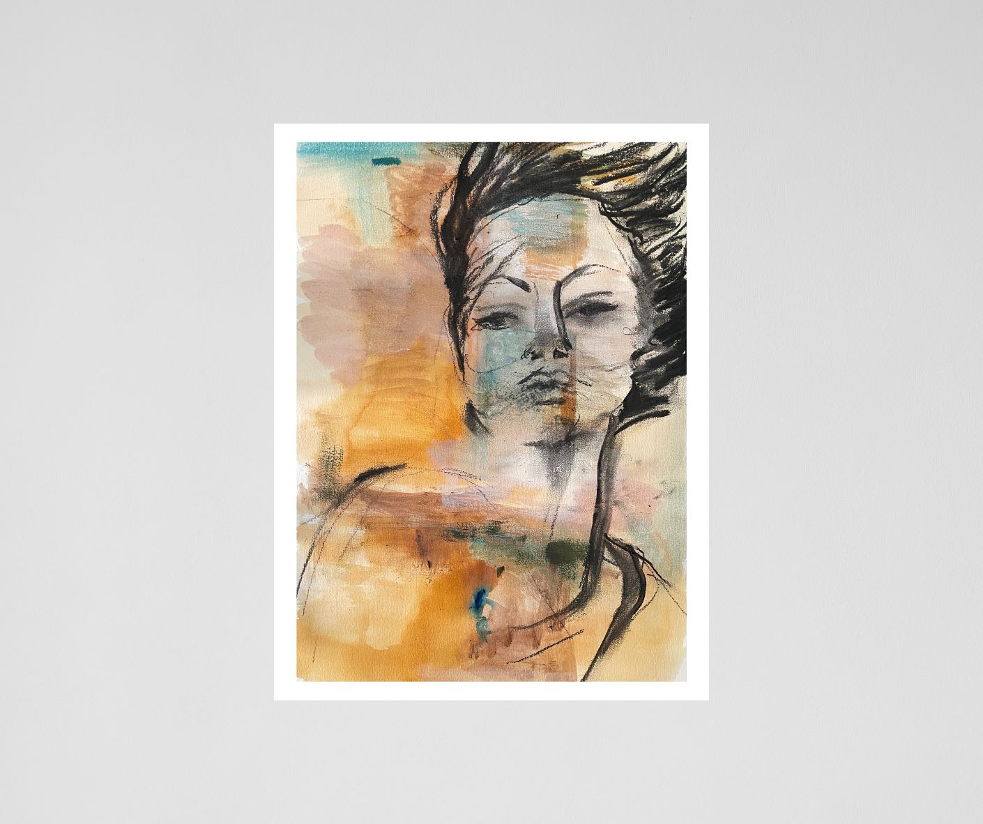 "Ignite" – A powerful semi-abstract portrait by Ingela Johansson, blending ochre, turquoise, and browns, with a connection to the landscape, symbolizing inner spark and inspiration.