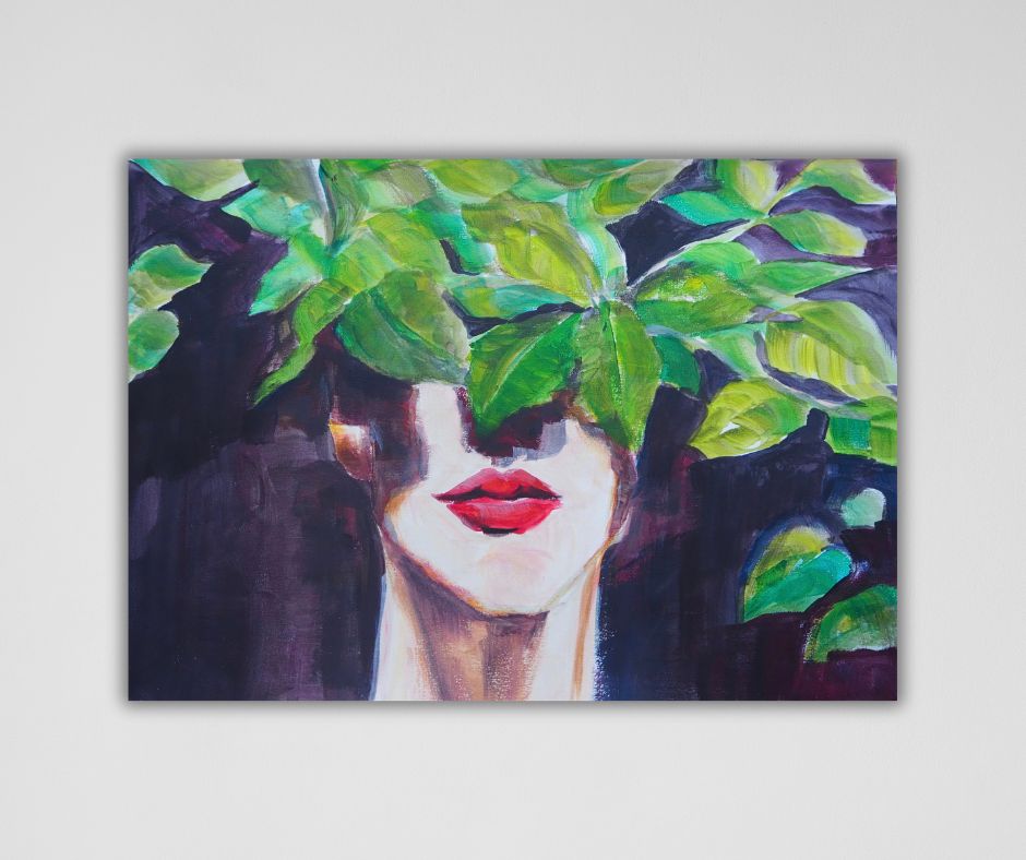 Limited edition art print by Ingela Johansson—an expressive portrait of a woman, her face partly hidden by leaves, highlighting bold red lips.