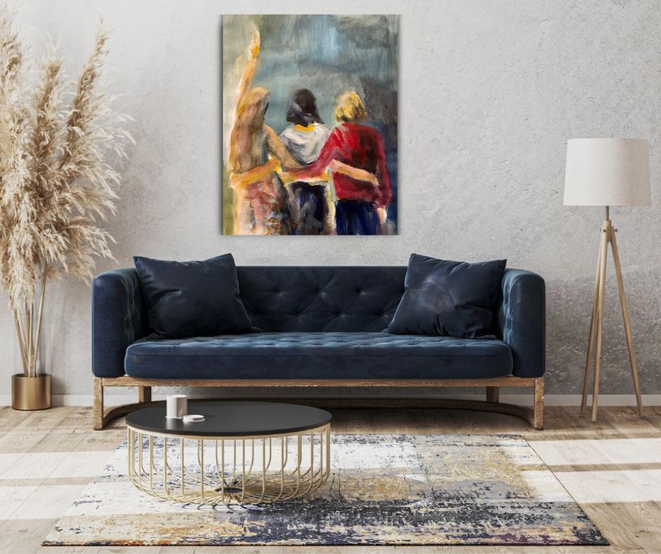 "Women, Life, and Freedom" – An inspiring fine art print by Ingela Johansson, illustrating three women together in a moment of connection, representing strength, joy, and sisterhood. Limited edition on canvas.