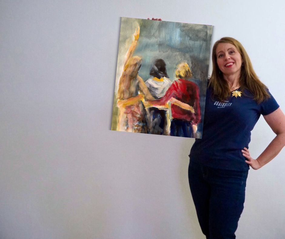 A contemporary figurative artwork by Ingela Johansson, "Women, Life, and Freedom" captures three women in expressive brushstrokes, celebrating the power of friendship and solidarity. Fine art print in a limited edition.