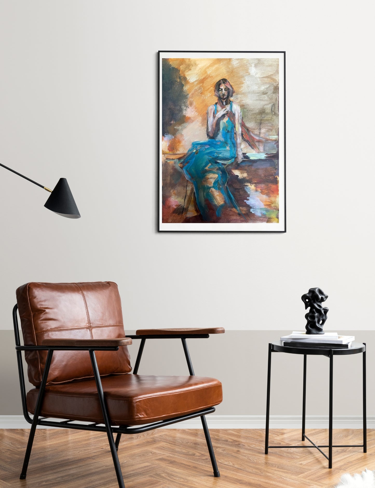 Original acrylic painting on watercolor paper by Swedish artist Ingela Johansson titled It’s a Feeling (2025) — expressive female figure in blue tones reflecting inner emotion.