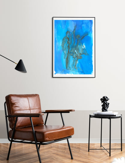 Art print of A Moment of Us by Ingela Johansson displayed in a Scandinavian-style interior with clean lines, natural light, and neutral tones. The expressive ink painting features a joyful couple dancing against deep blue hues.