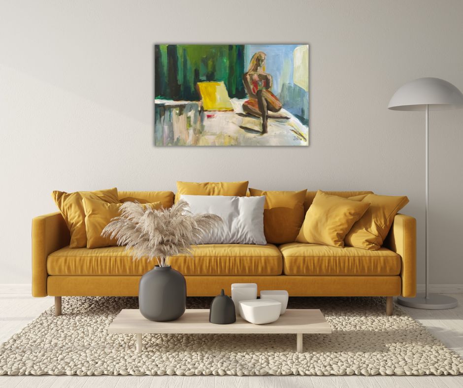 "Explore peace and mystery with ‘After 9 pm,’ a fine art canvas print in deep greens by Swedish artist Ingela Johansson."