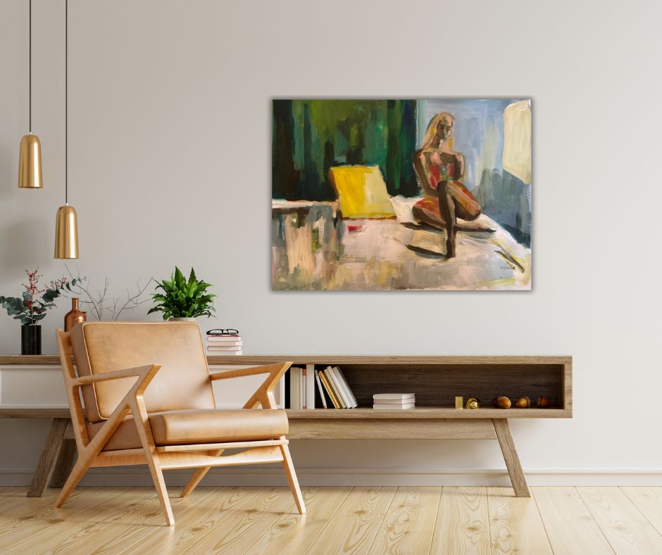 Swedish artist Ingela Johansson’s ‘After 9 pm,’ a canvas print in 21 editions, embodies calm and deep green hues