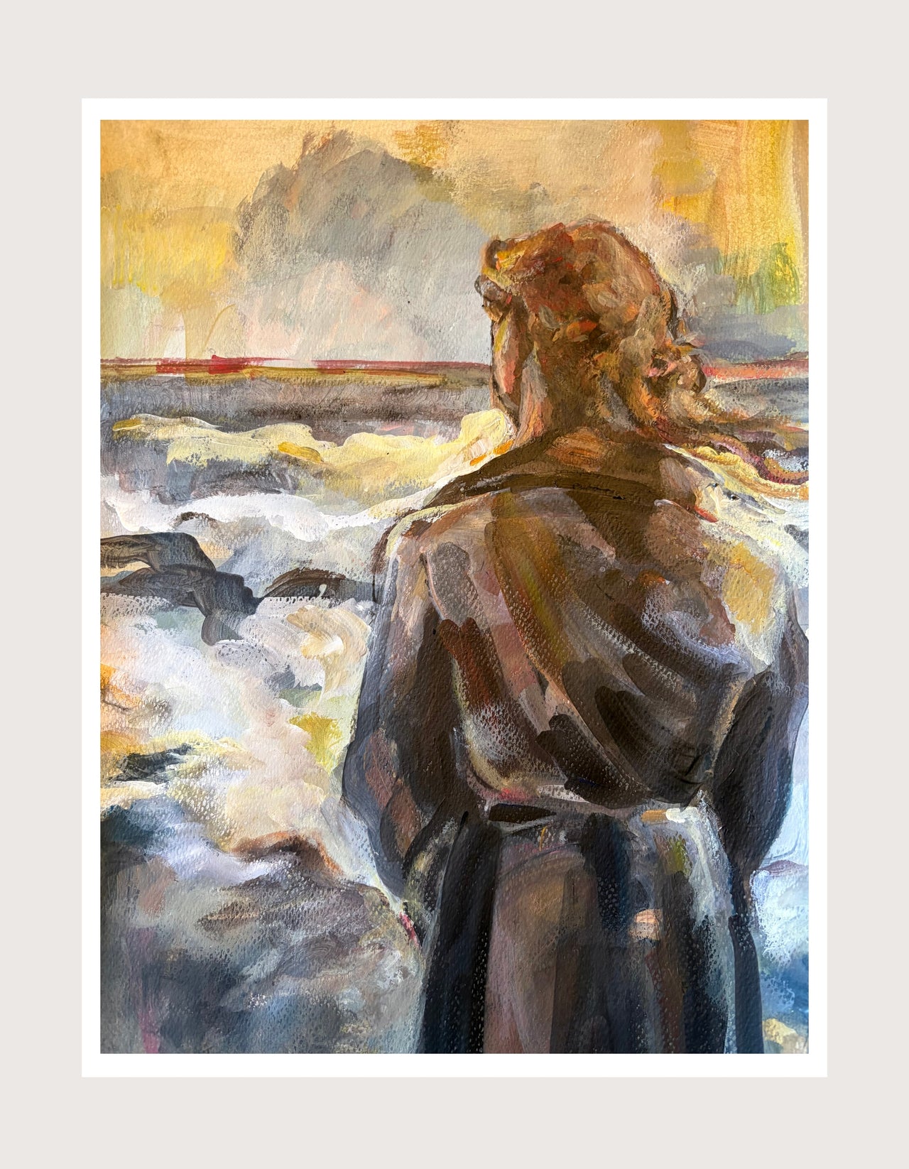 Painting of a figure seen from behind, standing before a stormy sea. The figure wears a dark cloak, hair loosely gathered. The water churns in whites and blues, while the sky glows in warm gold and grey. Work on paper by Ingela Johansson.