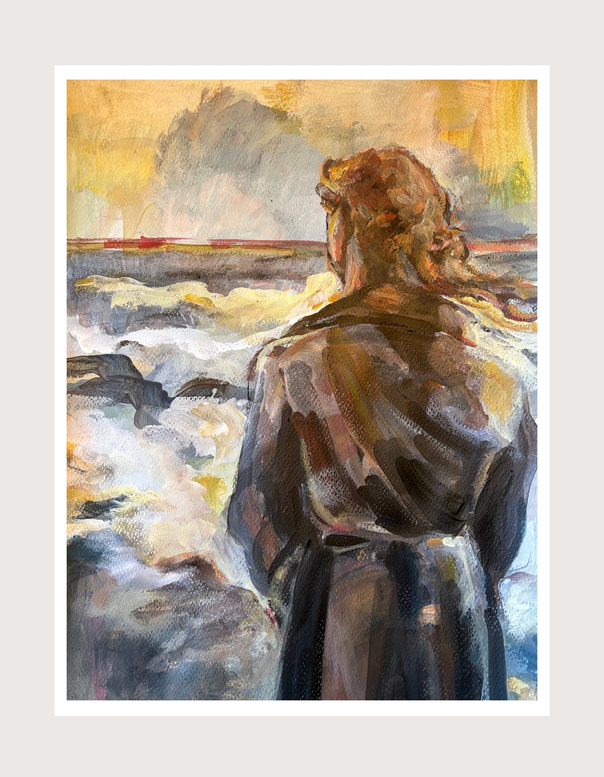 Painting of a figure seen from behind, standing before a stormy sea. The figure wears a dark cloak, hair loosely gathered. The water churns in whites and blues, while the sky glows in warm gold and grey. Work on paper by Ingela Johansson.