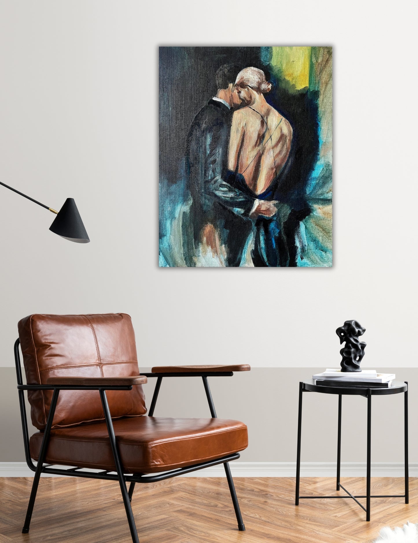 ‘Before’ – expressive semi-abstract painting capturing the moment before a start, with soft contrasts between shadowed man and illuminated woman by Ingela Johansson in interior.