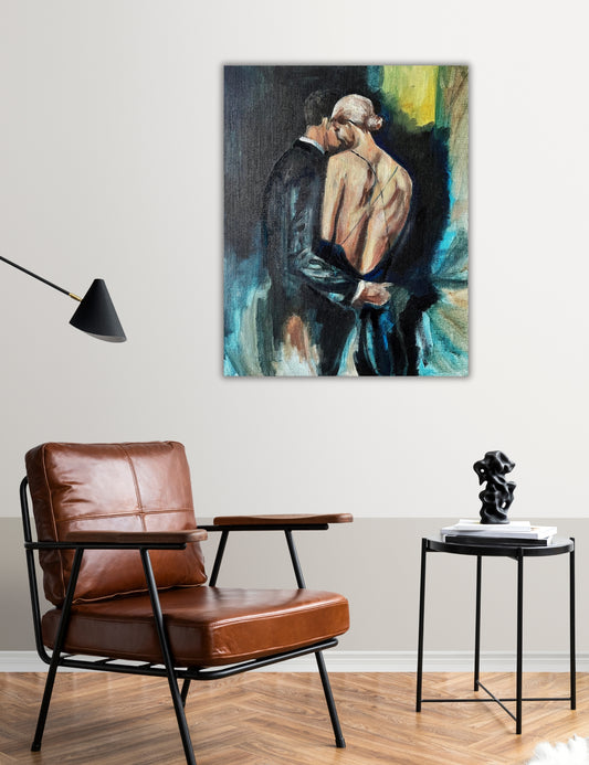 ‘Before’ – expressive semi-abstract painting capturing the moment before a start, with soft contrasts between shadowed man and illuminated woman by Ingela Johansson in interior.