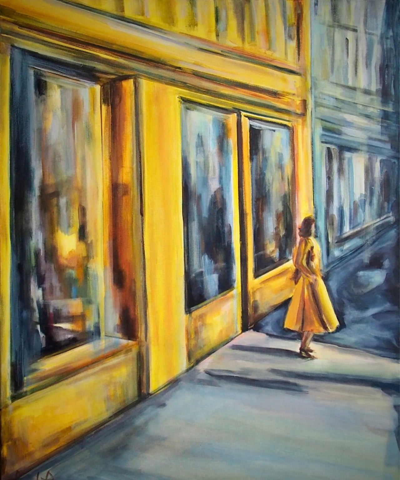 Original acrylic painting “The Corner of Hope and Forgotten Dreams” by Swedish artist Ingela Johansson. A solitary female figure in a yellow coat stands in soft sunlight, pausing at the edge of shadow and light.