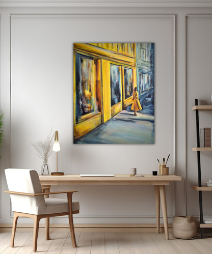 “The Corner of Hope and Forgotten Dreams” displayed in a modern Scandinavian interior. The warm yellow tones bring depth and emotional resonance to the calm, minimal space.