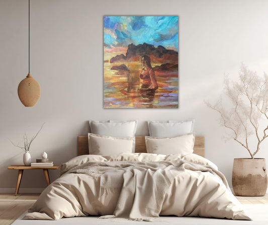 Golden light at sunset fills ‘Bathing in Golden Light,’ a limited edition canvas print by Swedish artist Ingela Johansson