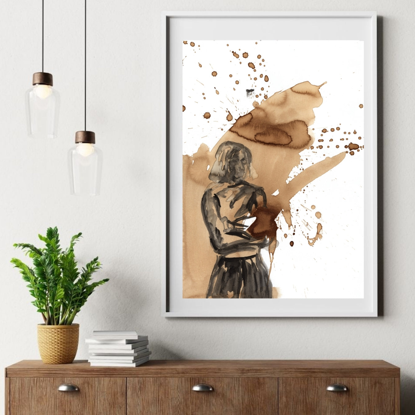 Before Coffe, a limited edition print in a white fram, by Swedish artist Ingela Johansson