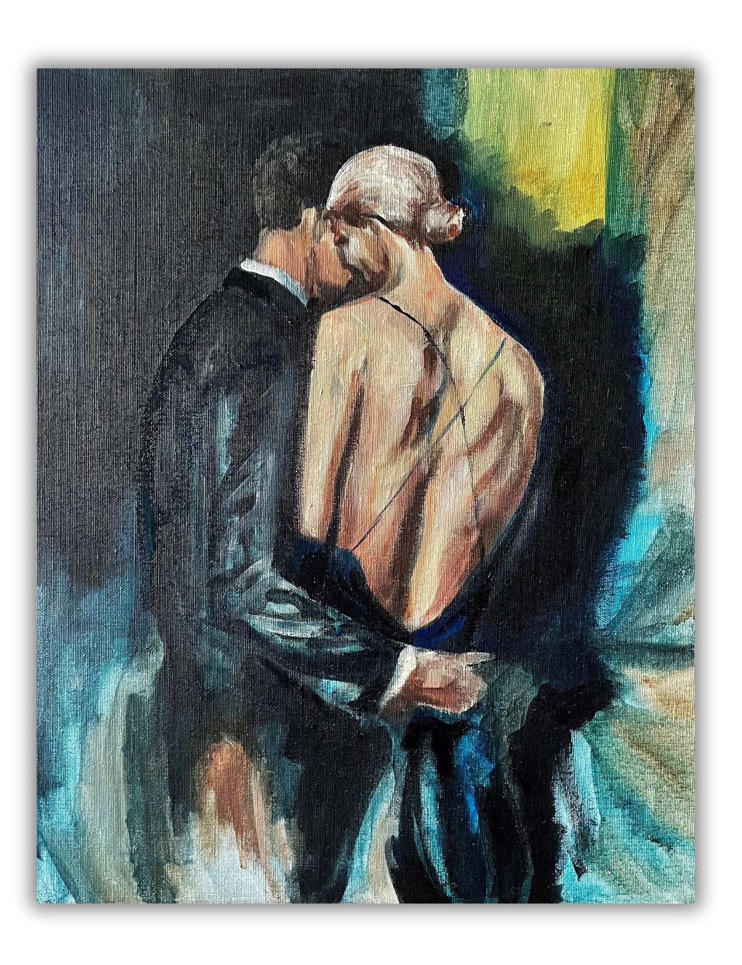 Atmospheric painting ‘Before’ featuring a woman’s exposed back in a flowing dress and a man in a dark suit partly blended into the background by Ingela Johansson.