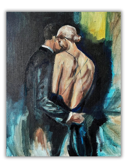 Atmospheric painting ‘Before’ featuring a woman’s exposed back in a flowing dress and a man in a dark suit partly blended into the background by Ingela Johansson.