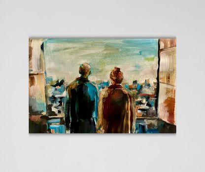 Canvas print of *Better Together*, a semi-abstract painting of a couple gazing at a cityscape, symbolizing love and fresh starts. Perfect for modern interiors.
