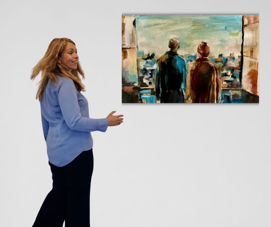 Artist Ingela Johansson stands beside her painting *Better Together*, a semi-abstract artwork of a couple gazing at a cityscape, symbolizing love and new beginnings.