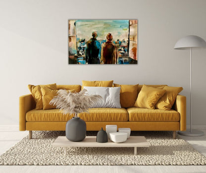 *Better Together* painting displayed in a living room with a yellow sofa, adding warmth and vibrancy. The artwork symbolizes love, shared dreams, and fresh starts.