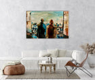 *Better Together* painting hangs in a cozy living room, featuring a couple gazing at a cityscape. A semi-abstract artwork symbolizing love and fresh starts.