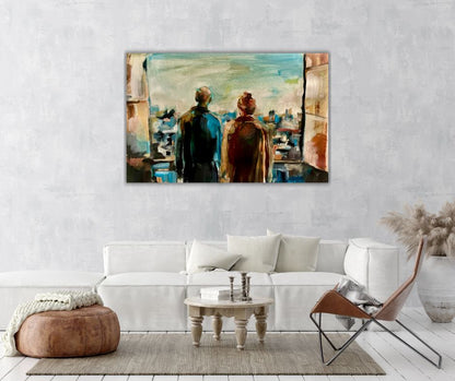 *Better Together* painting hangs in a cozy living room, featuring a couple gazing at a cityscape. A semi-abstract artwork symbolizing love and fresh starts.