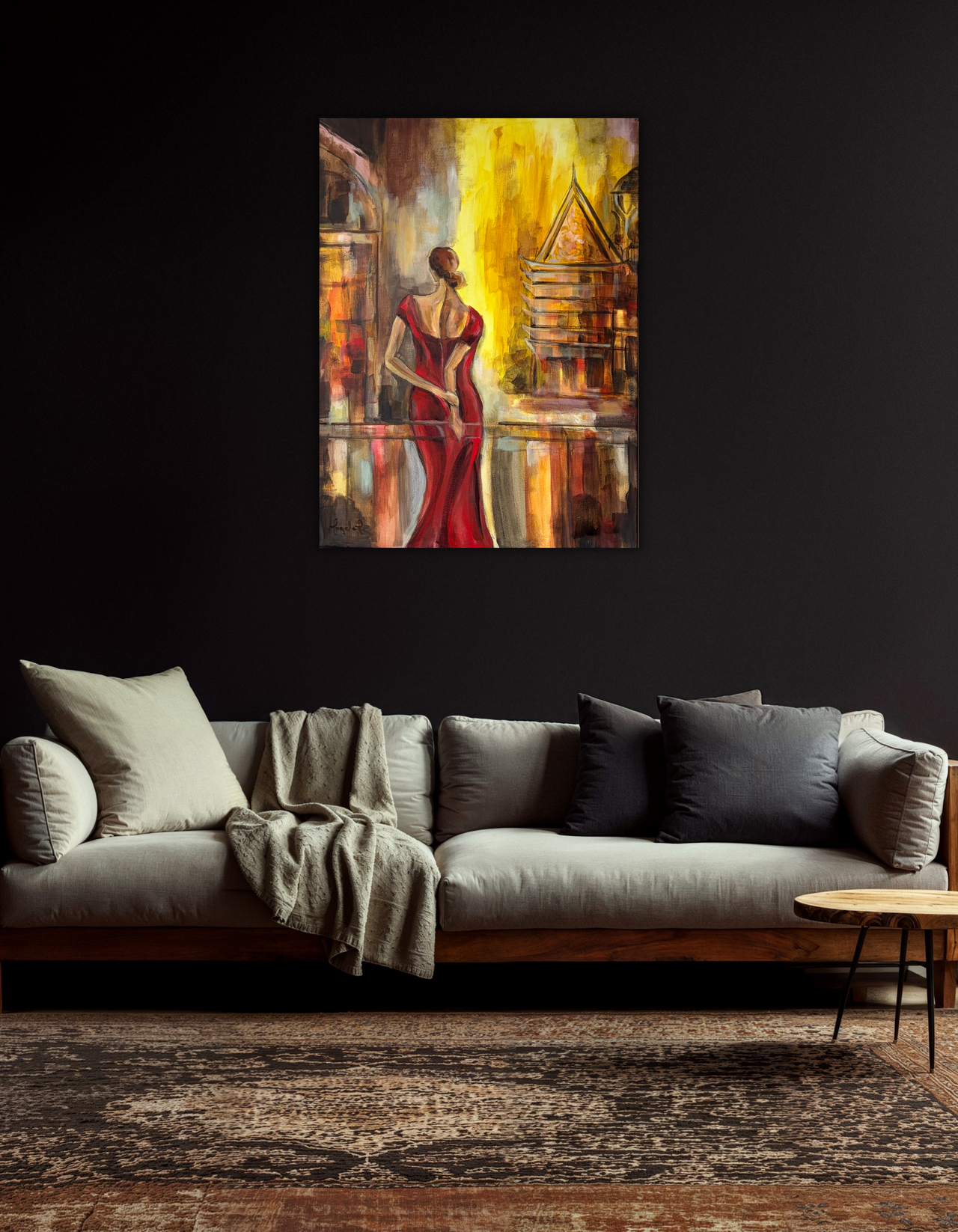 Original painting Between Holding on and Letting Go from the Red Collection by Ingela Johansson in interior