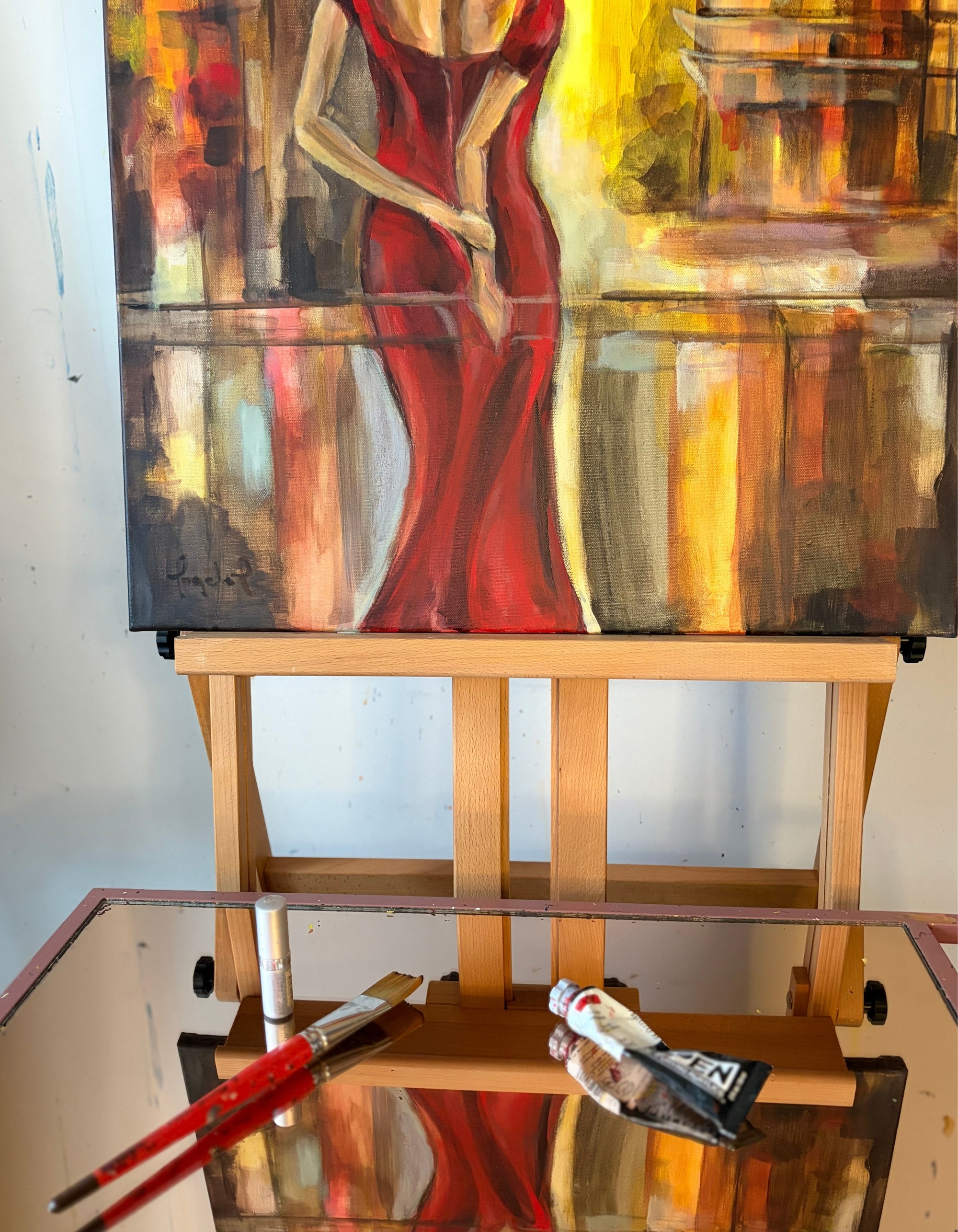 Process from painting Between holding and Letting Go from the Red Collection