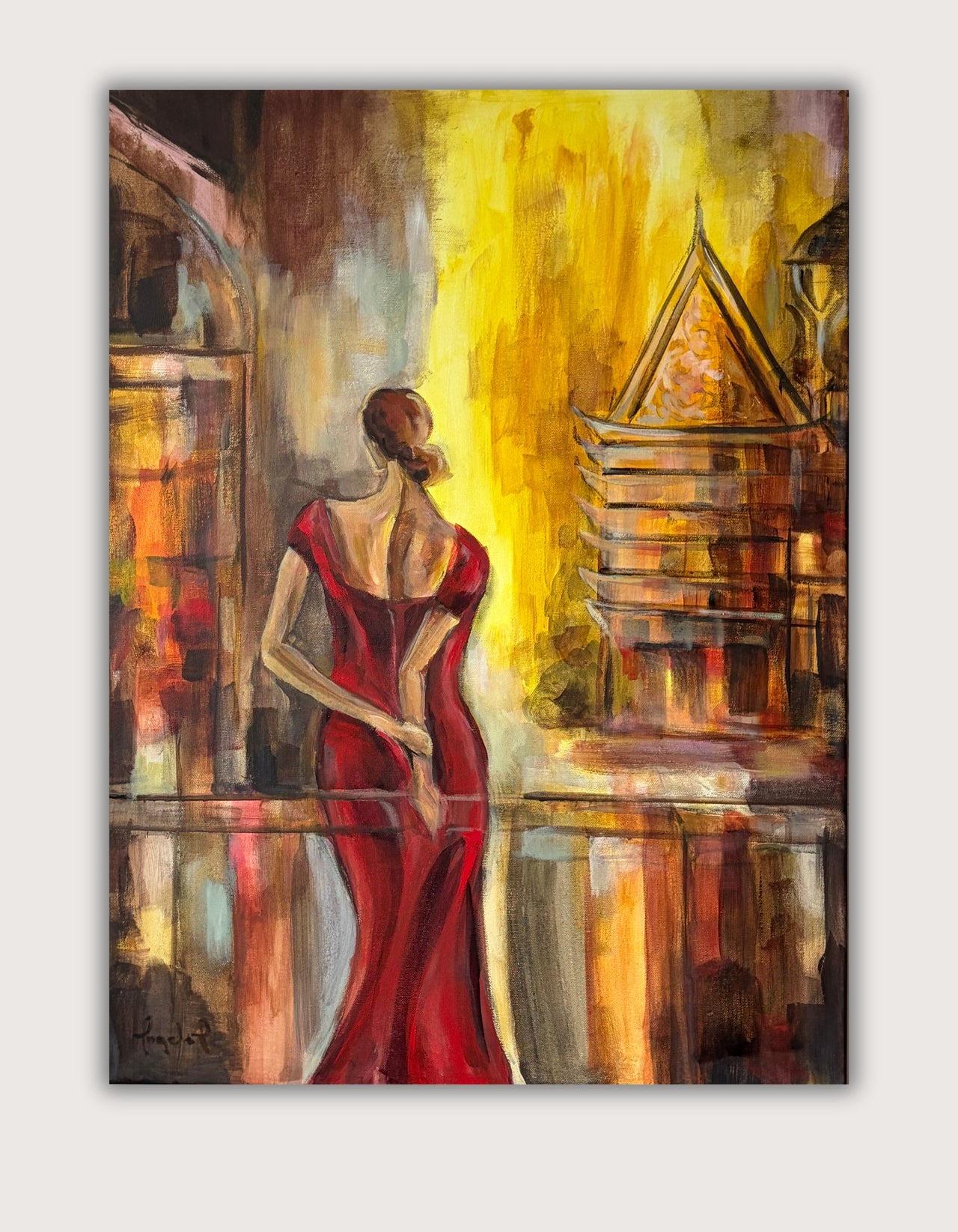 Between Holding and Letting Go original artwork on canvas by artist Ingela Johansson Red collection inspired by the novel The Red Silk Dress.