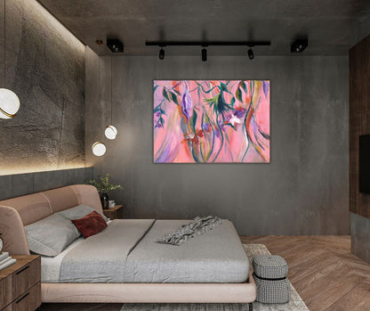 A poetic semi-abstract artwork in pinks, emerald green, and lilac, reflecting the renewal of spring by Swedish artist Ingela Johansson.