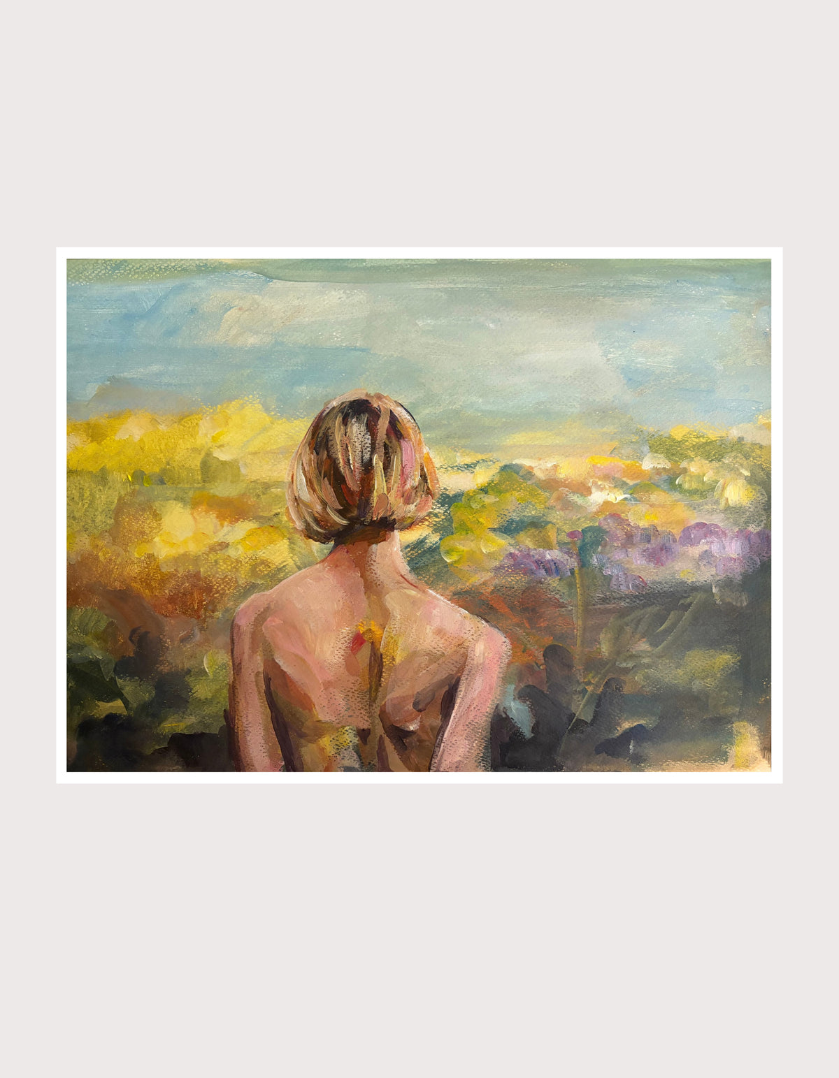 Bloom fine art print by Swedish artist Ingela Johansson with a white border, unframed – a woman seen from behind looking out over fields of sunflowers and lavender, a sense of spring and everything starting again