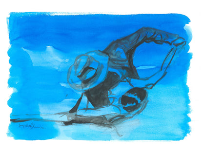 Blue Tango – expressive ink and blue abstract art print of a dancing couple seen from above by Swedish artist Ingela Johansson.