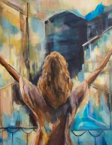 Detail of I Am Wild Possibility by Swedish artist Ingela Johansson: flowing hair and outstretched arms in brushstrokes of ochre, turquoise and deep blue