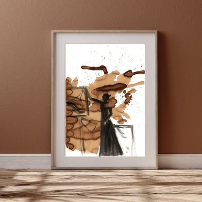 Coffee to Work painted with a soft brush coffee and ink by Swedish artist Ingela Johansson