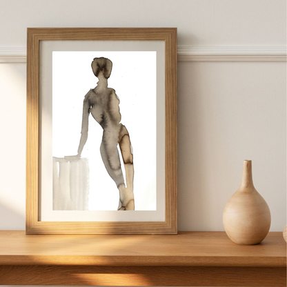 The fine art print of Coffee to Wait by artist Ingela Johansson in a wodden frame