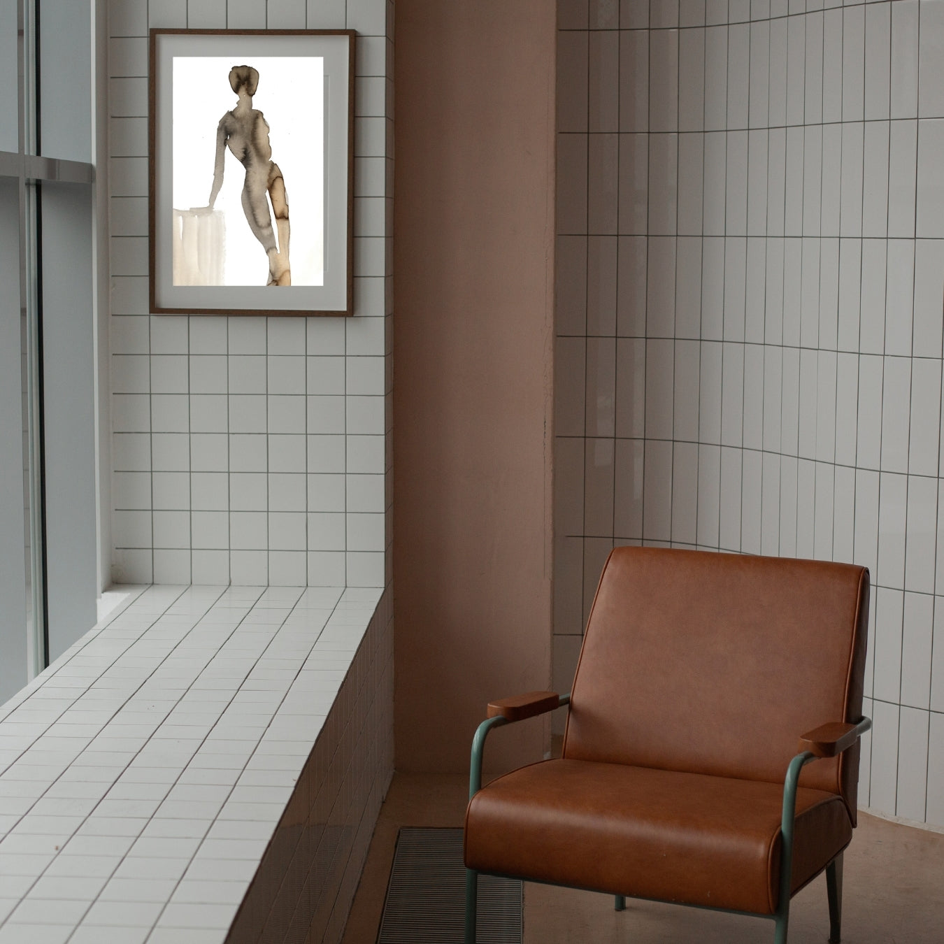 Coffee o Wait by Swedish artist Ingela Johansson by a brown leather chair