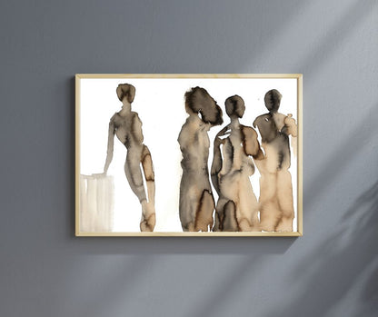 "Coffee to Meet" – A unique fine art print by Swedish artist Ingela Johansson, painted with ocoffee and ink, in an oak frame.