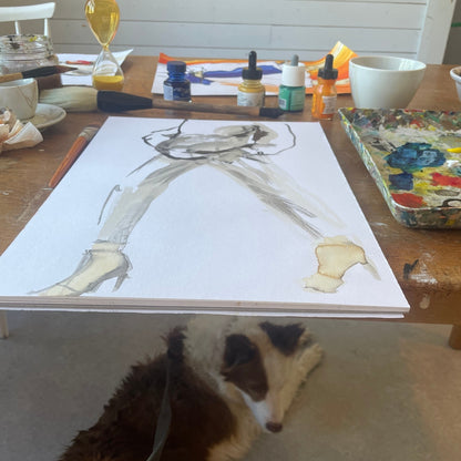 Painting process of Coffee to Go with the studiodog Tilda, artist Ingela Johansson