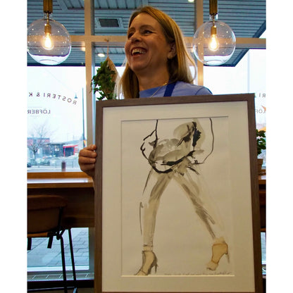 Artist Ingela Johansson with her coffee painting Coffee to Go