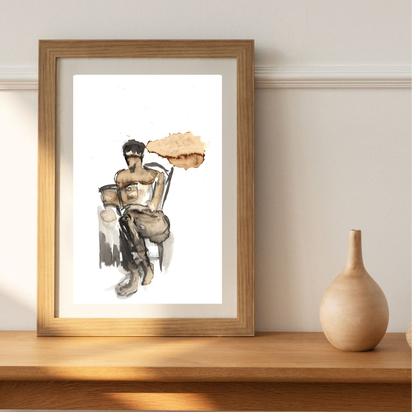 Artwork in coffee and ink "Coffee to Think" (kaffetavla) by Ingela Johansson