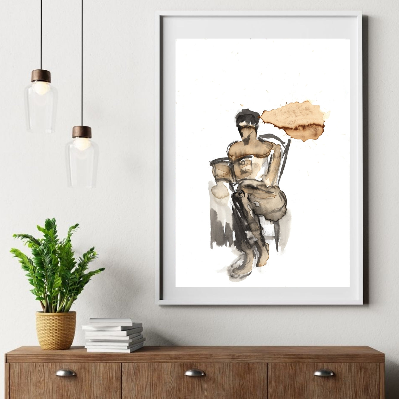 A limited framed printed of "Coffee to Think" in a white frame in a minimalistic interior. Art by Ingela Johansson