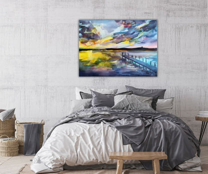 Colorplay at Dusk canvas print as wall art in a cozy bedroom, creating a tranquil atmosphere with its harmonious colors