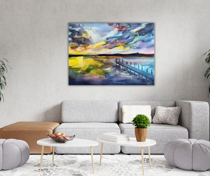 Colorplay at Dusk canvas print displayed as wall art in a modern living room, adding warmth and vibrancy to the decor.