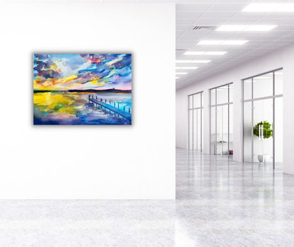 Colorplay at Dusk artwork on canvas decorates a bright  office, bringing creativity and tranquility to the space