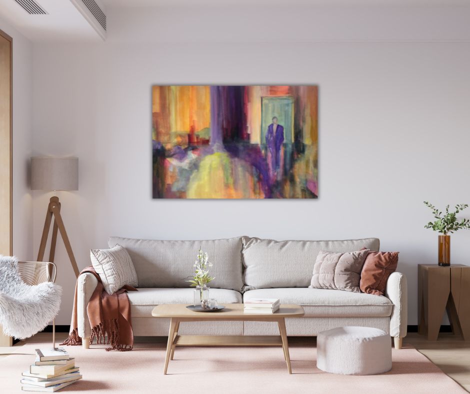 Colorscape when colors sing’—a vibrant acrylic painting on a 70x100 cm canvas, featuring purple, orange, and turquoise. Signed with certificate included