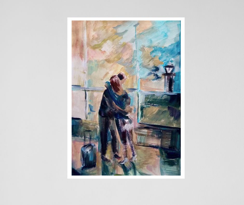 Limited edition fine art print of a couple embracing, embodying love, nostalgia, and the comfort of home. 