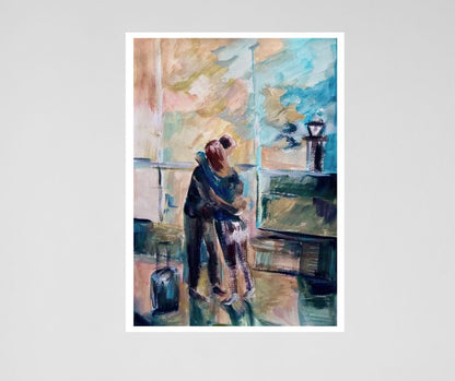 Limited edition fine art print of a couple embracing, embodying love, nostalgia, and the comfort of home. 