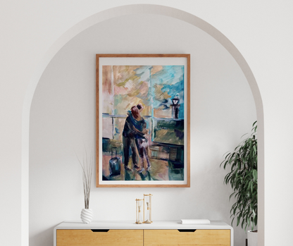 Expressive painting of a warm hug, symbolizing deep love and longing. A perfect art piece for long-distance relationships and meaningful connections