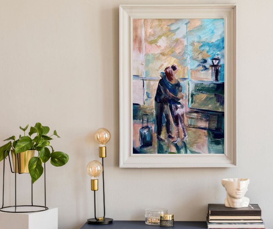 "Coming Home" – A touching artwork of a couple embracing, representing reunions, goodbyes, and the power of love across distances.
