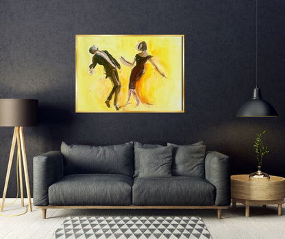 Dancers’—a colorful fine art print painted to music, perfect for a modern home. Yellow accents and graphic style, part of a limited edition of 21 pieces.