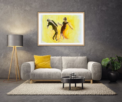 Dancers’—a fine art print capturing the energy of dance. Yellow focal color and graphic style, perfect for modern homes. Limited edition of 21.