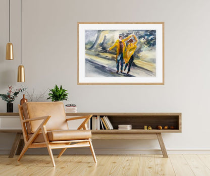 Fine art print of a joyful couple twirling in the rain. Yellow raincoats contrast with moody skies, symbolizing love’s resilience and playfulness.